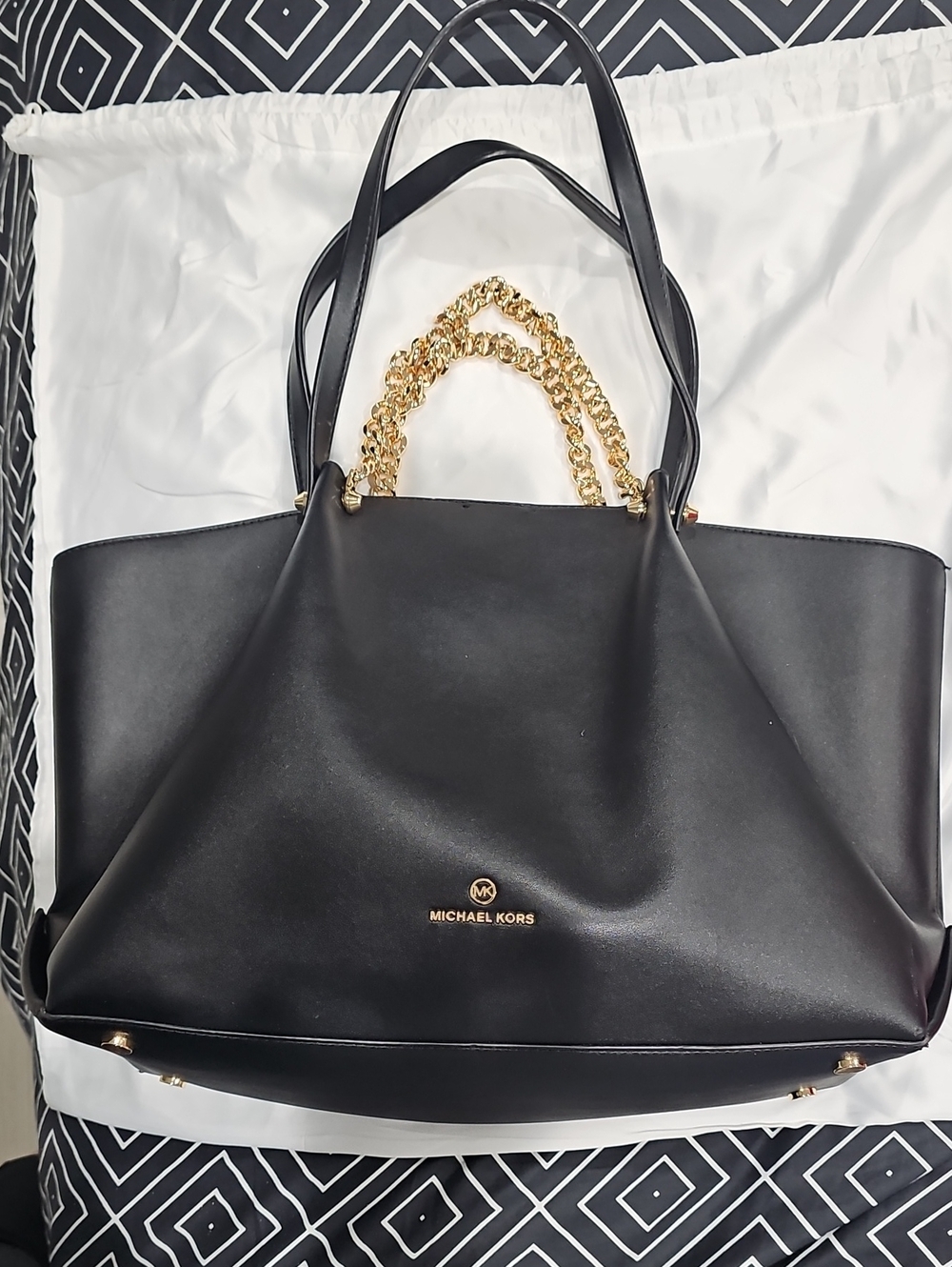 Michael Kors Black Leather Tote with Gold Chain Accent Handles
